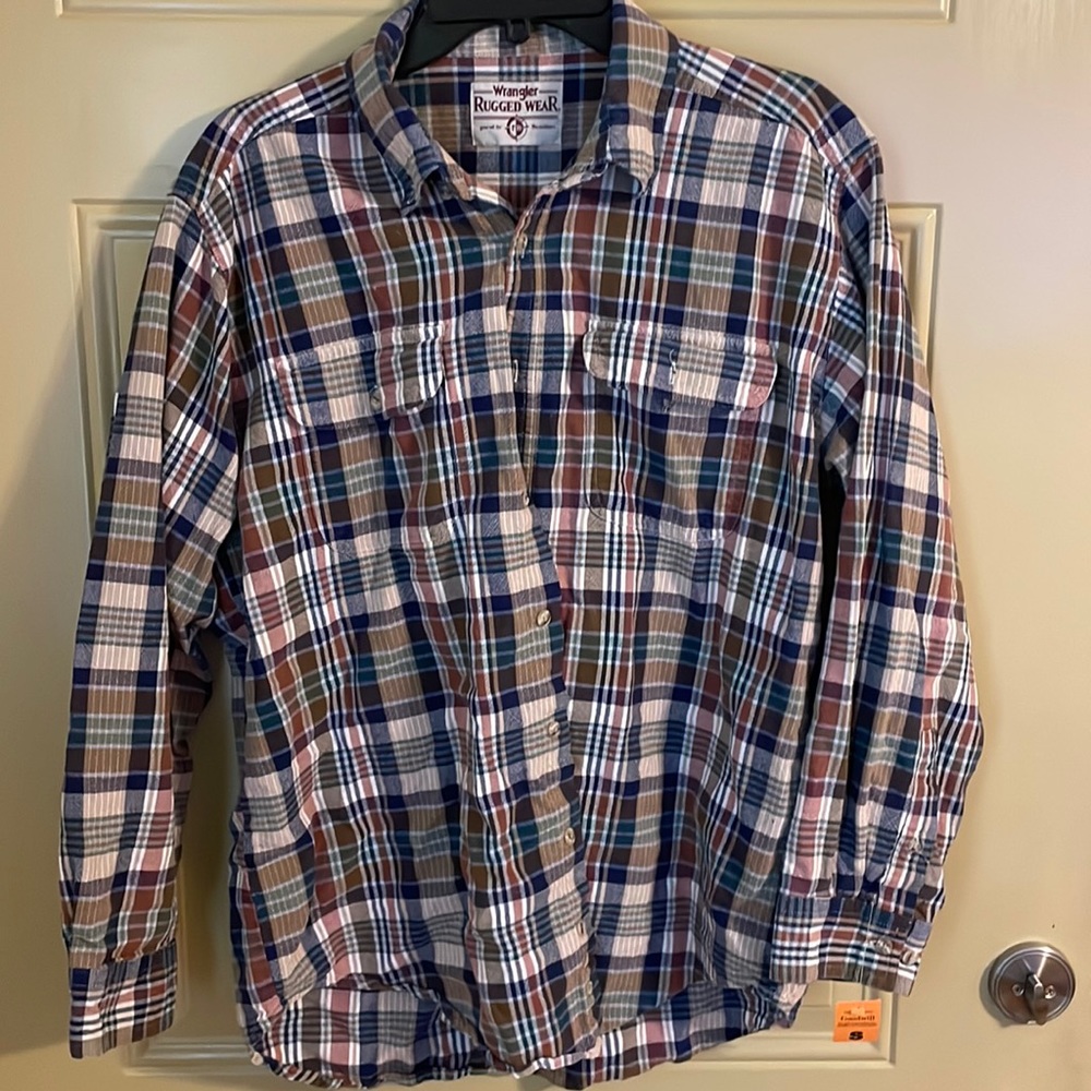 Vintage Wrangler Rugged Wear Plaid Button Down Blue & Khaki Sz.S